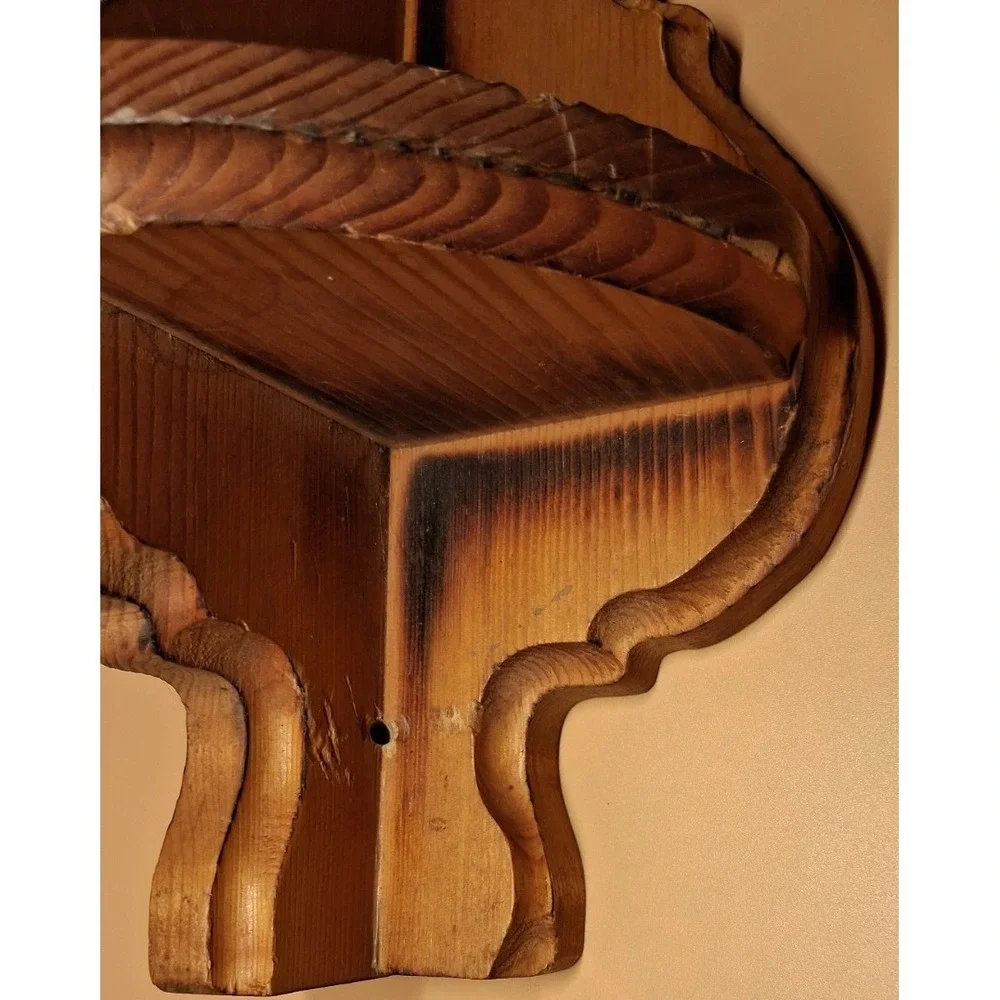 2 Vintage Carved Wood Corner Wall Shelfs W/Two Tiers